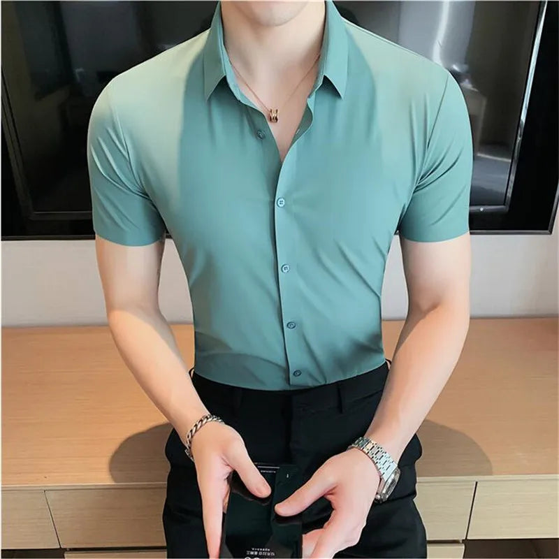 6colors High Quality New Solid High Elasticity Seamless Short Sleeve Shirts Men Slim Social Casual Business Formal Dress Shirt