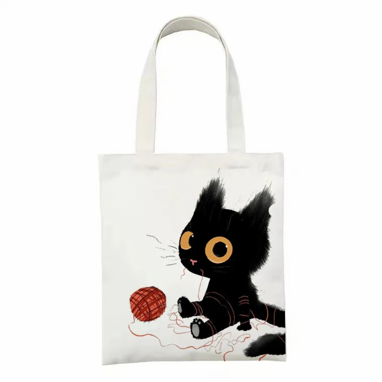 Cute Tote Bag Animals Black Cat Print Canvas Bag Eco Shopping Bag Daily Use Foldable Handbag Large Capacity Canvas Tote Women