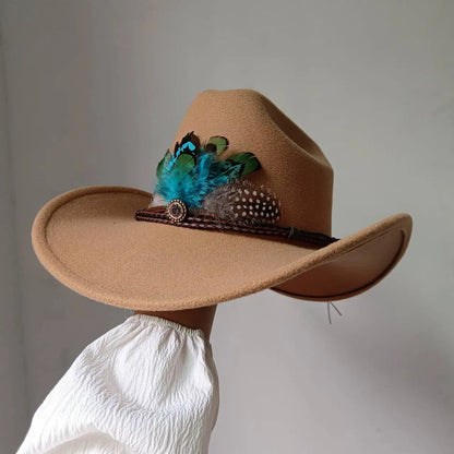 New 9CM Wide Brim Western Cowboy Hat For Men's Vintage Fascinator Cowgirl Jazz Hat Cloche Church Caps Sombrero Hombre