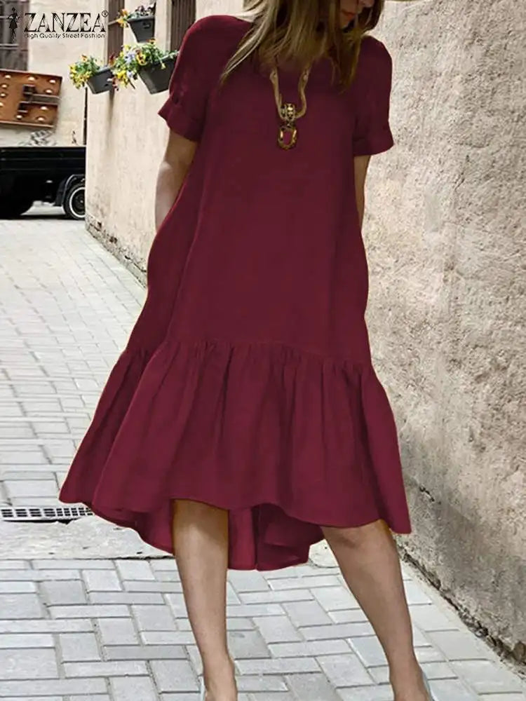 ZANZEA Women Cotton Dresses 2024 Summer Elegant Mid-calf Vestidos Casual Solid Color Short Sleeve Sundress Female O Neck Robe