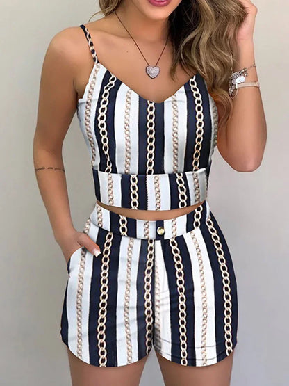 Print Spaghetti Strap Crop Top & Short Sets Casual Summer 2 Piece Outfits for Women