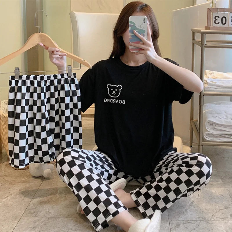 New women's summer three-piece pajamas homewear women short-sleeved trousers cartoon leisure women's homewear pajamas set