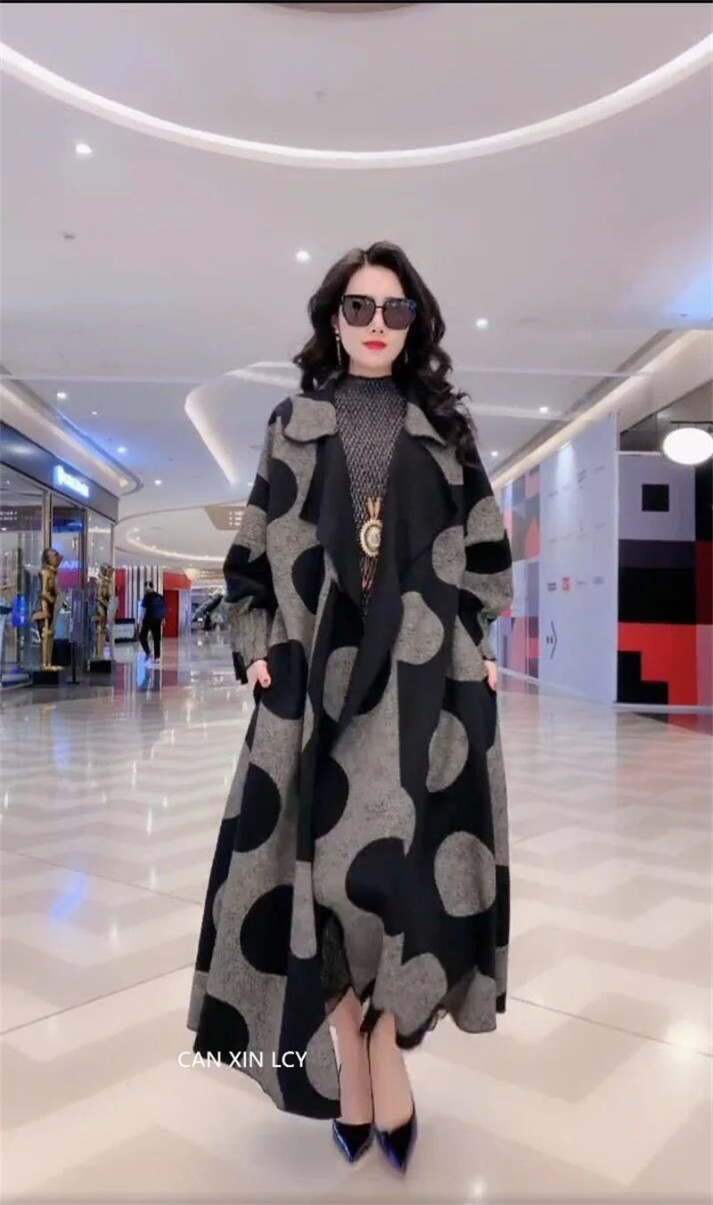 Polka Dot windbreaker For Women Long Windbreaker Loose Large Size L-5XL Overcoat Middle aged Female Wool Trench Coat Outcoat