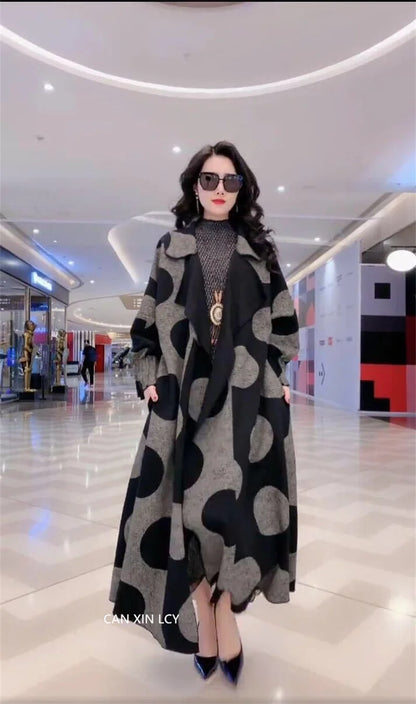 Polka Dot windbreaker For Women Long Windbreaker Loose Large Size L-5XL Overcoat Middle aged Female Wool Trench Coat Outcoat