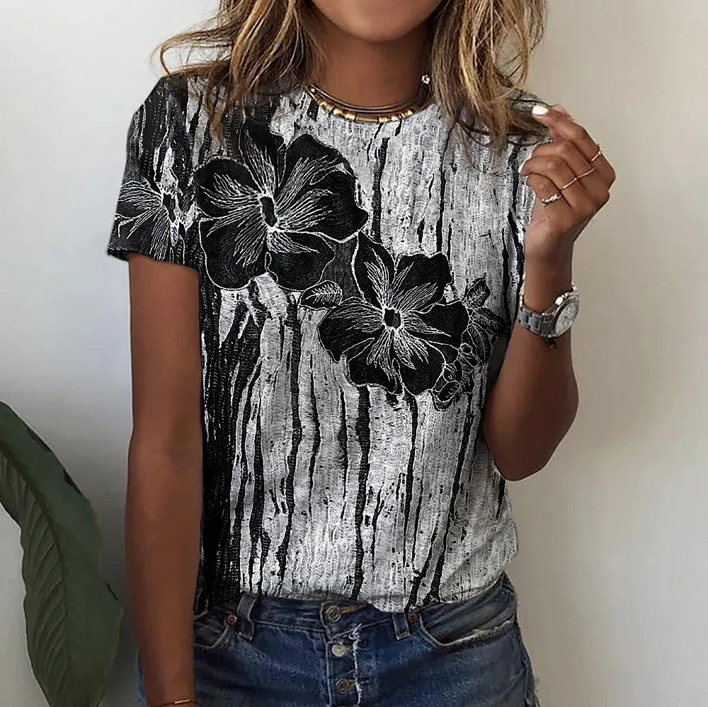 2023 Women's T-shirts Fashion Floral Theme T Shirt Floral Plants Tees Summer Clothing Basic Female Tops Print Oversized Pullover