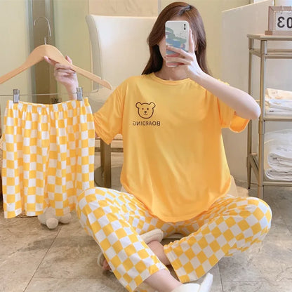 New women's summer three-piece pajamas homewear women short-sleeved trousers cartoon leisure women's homewear pajamas set