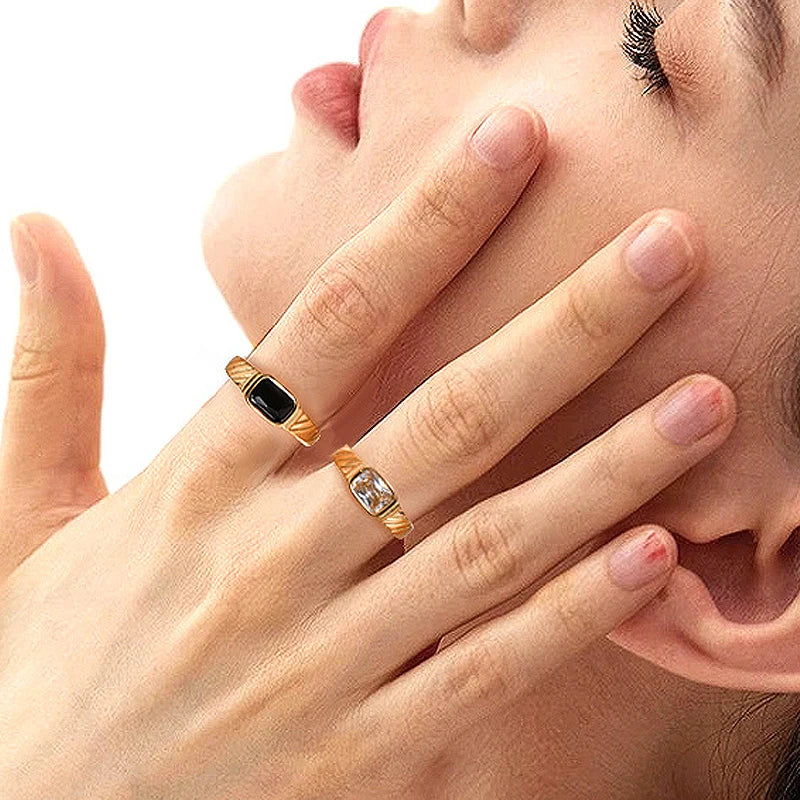 New Minimalist Square Geometric Ring Stainless Steel Black Zircon Rings For Women Engagement Wedding Jewlery