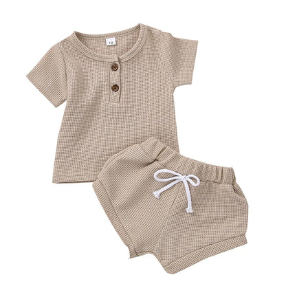 Cotton Casual Summer Newborn Baby Boys Girls Outfits Suit Ribbed Knitted Short Sleeve T-shirts Tops+Shorts 2Pcs Kids Tracksuits