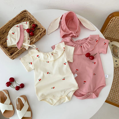 Summer Baby Romper for Girls Newborn Jumpsuit Cherry Cute Ears Hat Short Sleeve Baby Clothes 0-2 Years Old