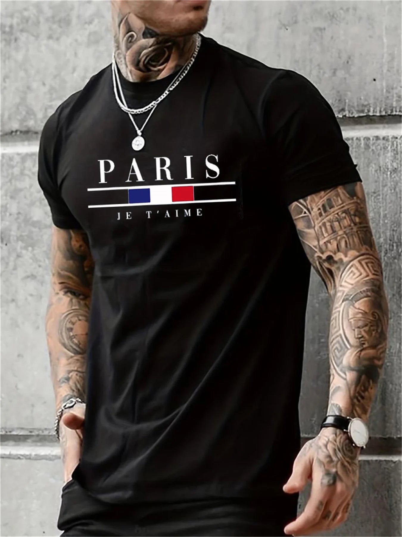 Men's 100% pure cotton summer loose size PARIS letter pattern print casual comfortable round neck short sleeved T-shirt top