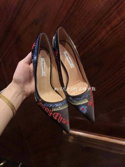 Spring and autumn new pointed shallow rhinestone embroidered single shoes thin high-heeled banquet dress small size women's shoe