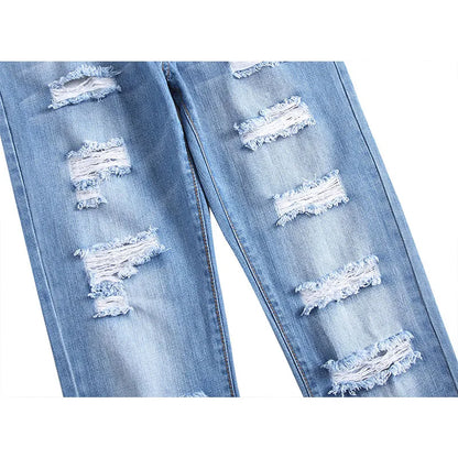 Men's Vintage Ripped Jeans Man Casual Straight Leg Denim pants Light blue Slim Fit hole Jeans Best Sellers