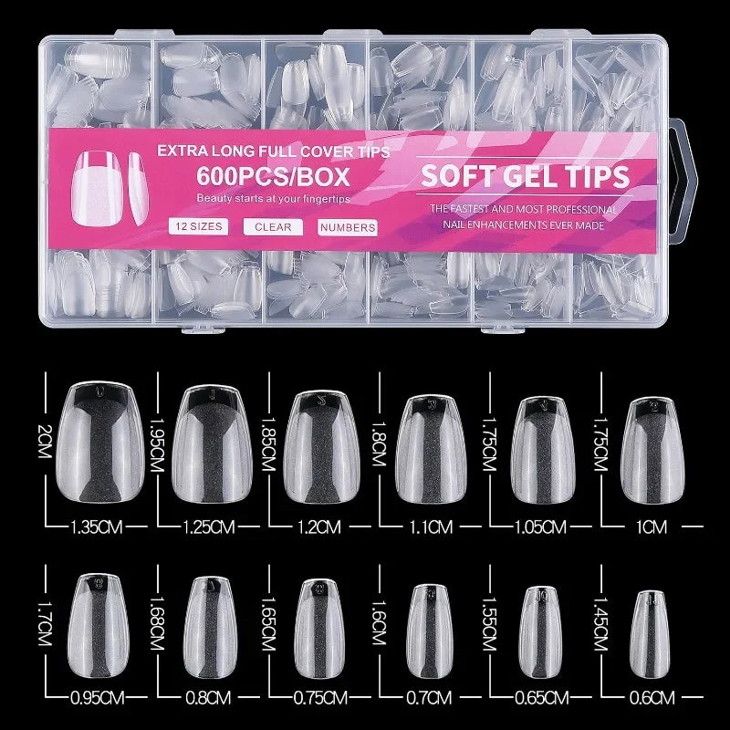 600pcs Soft Gel Nail Tips, Half Matte Clear Acrylic Nail Tips Pre-shaped False Nail Tips For Nail Extension Manicure Tools