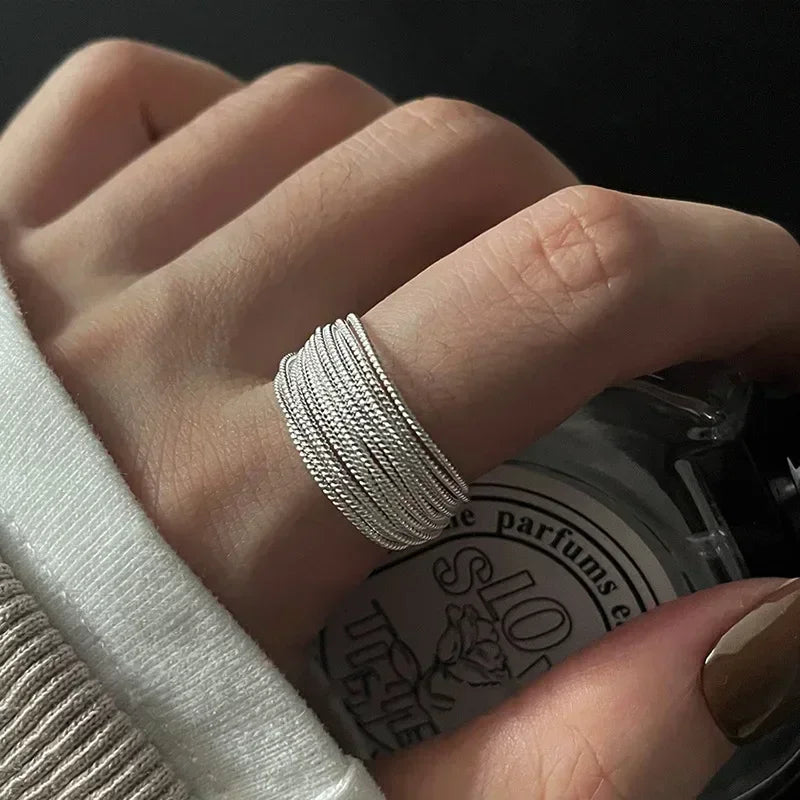 Silver Plated Unique Lines Ring For Women Jewelry Finger Adjustable  Vintage Ring For Party Birthday Gift Fashion Jewelry