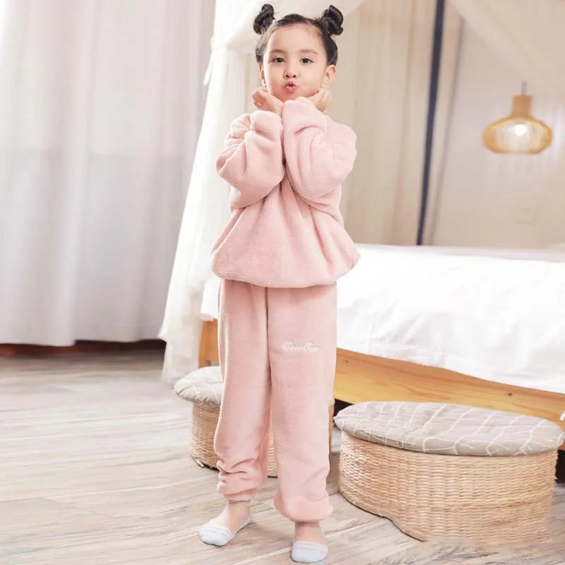 Baby Boys Girls Pajamas Sets Autumn Winter New Kids Warm Soft Flannel Pajamas Set Solid Color Warm Soft Flannel Child Home Suits