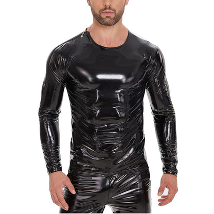 S-7XL Shiny Faux PU Leather Long Sleeve T Shirt Men Wet Look PVC Hot Shapers Tights Shapewear Tshirt Sexy Tee Shirts Tops Body