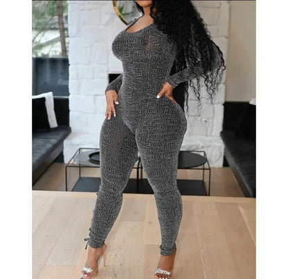 Sexy Jumpsuit Woman Allover Print Lace-up Side Plaid Print Lace-up Long Sleeve Conjoined Body Pants for Female Autumn 2024 New