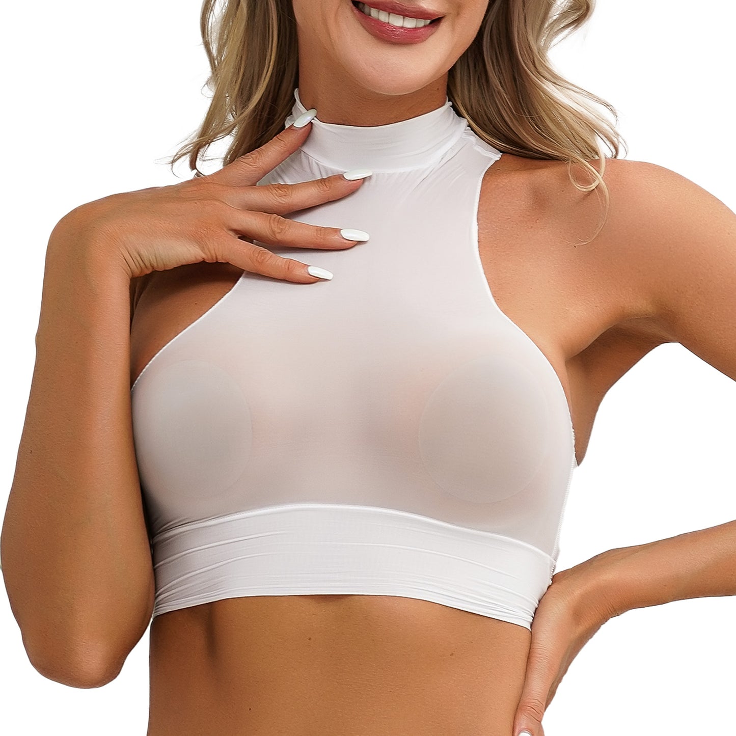 Womens Glossy Crop Tops Mock Neck Sleeveless Sheer See-Through Slim Fit Vest Tops for Swimwear Pool Party Clubwear Nightwear