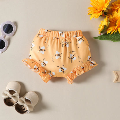 Summer Newborn Cotton Flutter Sleeve Alphabet Bee Printed Bodysuit Hoodie Lace Shorts With Bow Hairband 3 Piece Set