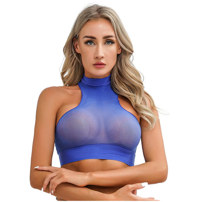 Womens Glossy Crop Tops Mock Neck Sleeveless Sheer See-Through Slim Fit Vest Tops for Swimwear Pool Party Clubwear Nightwear