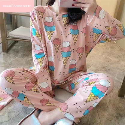 2PCS/Set Women's Clothes Spring and Fall Pajamas Long-Sleeved Cartoon Cute Sweet Floral Young Girl Homewear Outside Loungewear