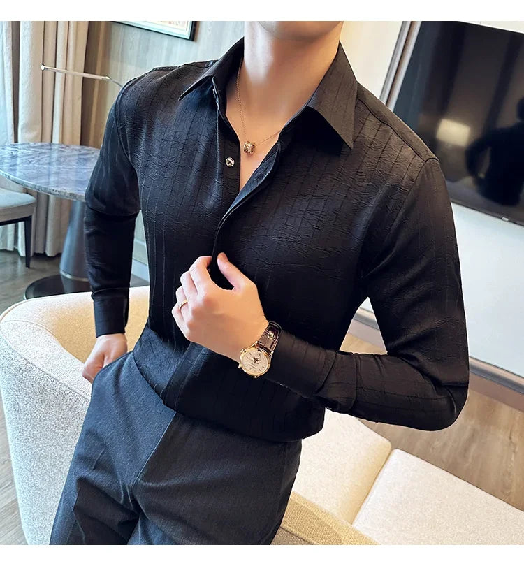 Luxury Korean Pleated Stripe Shirts For Men's High Quality Long Sleeve Slim Fit Casual Shirt Formal Social Party Tuxedo 4XL-M