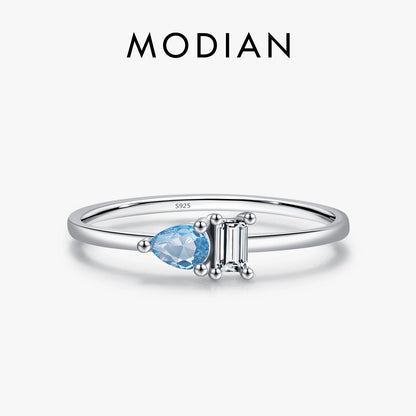 MODIAN 925 Sterling Silver Classic Blue Water Drop Splicing Rectangle Shining CZ Ring For Women Wedding Party Fine Jewelry Gift