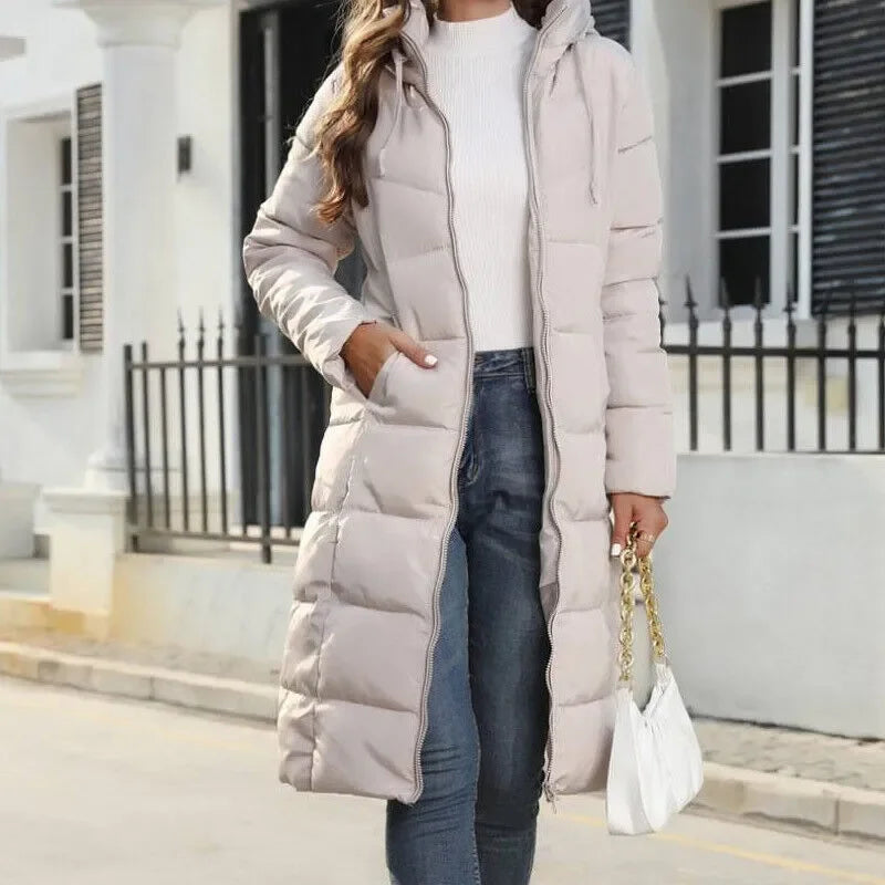 Women's Winter Long Parka Solid Color Thick Warm Hooded Cotton-padded Jacket Fashion Street Long Down Cotton-padded Jacket