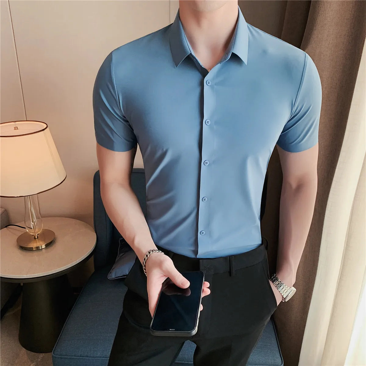 6colors High Quality New Solid High Elasticity Seamless Short Sleeve Shirts Men Slim Social Casual Business Formal Dress Shirt