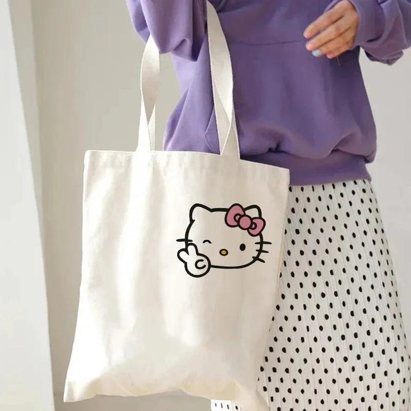 Hello Kitty Canvas Tote Bag Harajuku Y2k 90s Cartoon Girl Handbag Large Capacity Female Shoulder Bags Portable Travel Purse Gift