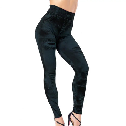 Yoga Pants Multi Pockets Skinny Imitation Jeans Leggings Hip Lifting Ripped Holes Print Mid Waist Elastic Pants For Sports