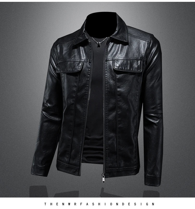 Men's Jacket Spring and Autumn Handsome Solid Color Collar Motorcycle Leather Coat Slim Fashion Leather Jacket M-5XL