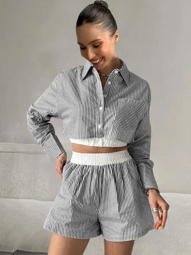 2 Pieces Set Sexy 2024 Summer Autumn Fashion Women Set Female Tops Stripe Long Sleeve Shirt Tops And Shorts Suit Matching Outfit