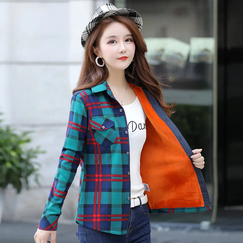 Plus Velvet Thicker Shirt Style Jacket Coat 2023 Winter New Hot Multicolor Plaid Warm Fleece Women Tops Brand Female Outerwear