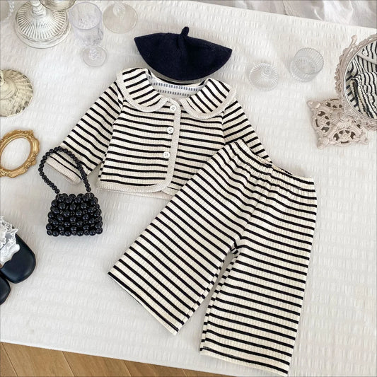 4251 Baby Clothing Set 2025 Spring New Girls' Striped Suit Long-sleeved Coat+Wide-leg Pant Girl's Two-piece Suit.