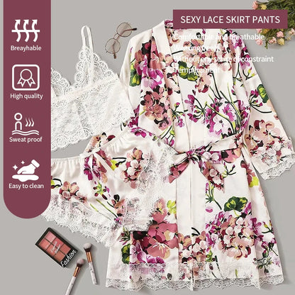 Women's Sexy Fashion Plus Size White Flower Print Three Piece Lace Strap Plus Shorts And Gown Pajama Set