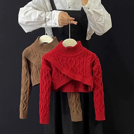 Girls Clothes Set Autumn Winter Children Fashion Woolen Sweater Coat Knitted Tops + Vest + Leather Skirt Fashion Clothing