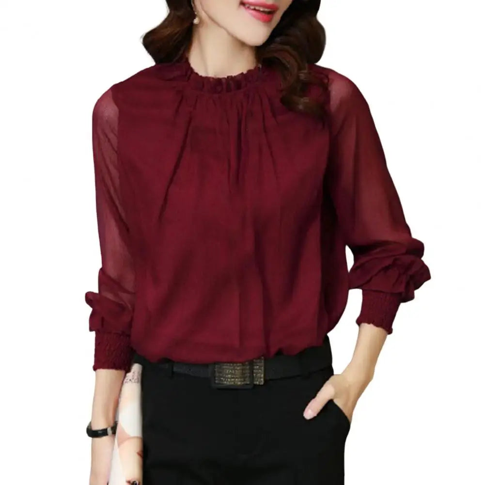 Chiffon Shirt Perspective Net Mesh Sleeve Elastic Cuffs Women Shirt Elegant Ruffle Collar Solid Color