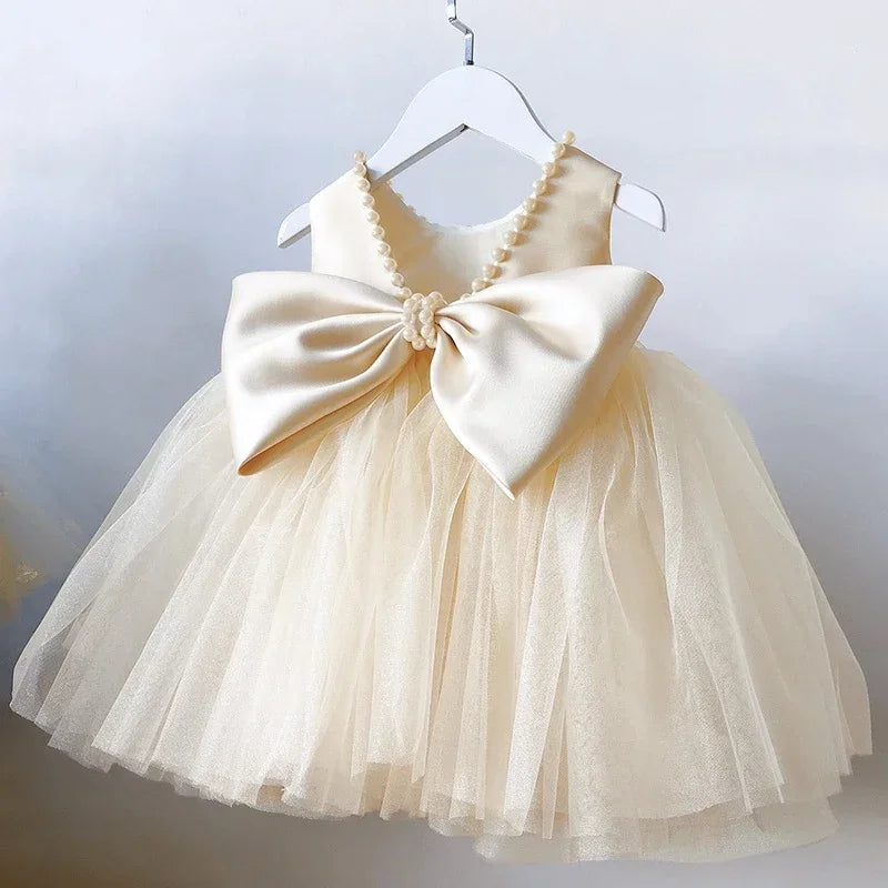 Toddler Kids Big Bow Princess Dresses V-Back Infant 1st Birthday Baptism Party Tutu Gown Cute Baby Girls Clothes Summer Dresses