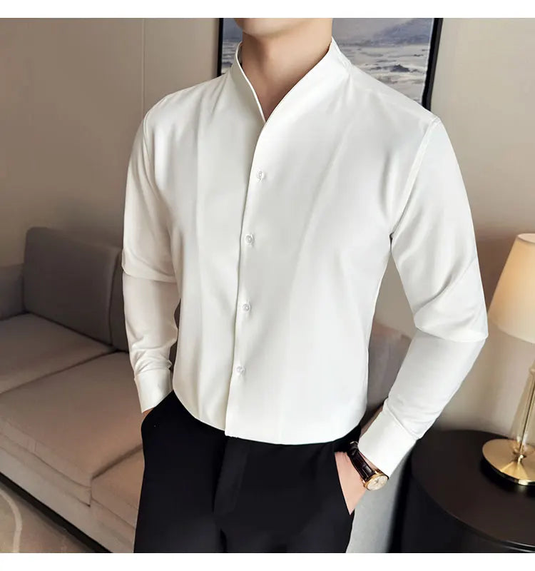 Brand Clothing Men's High Quality V-neck Long Sleeve Shirts Male Slim Fit Fashion Solid Color Office Dress Shirt 4XL-M