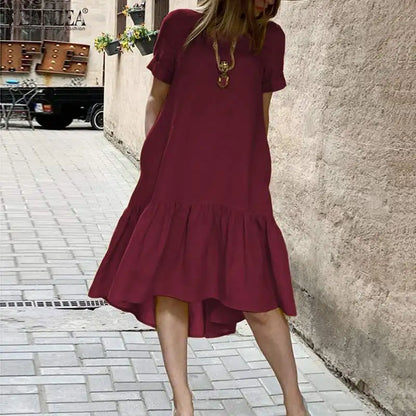 ZANZEA Women Cotton Dresses 2024 Summer Elegant Mid-calf Vestidos Casual Solid Color Short Sleeve Sundress Female O Neck Robe