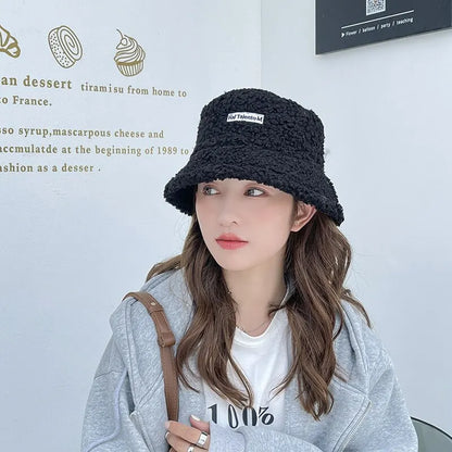 Winter Girl Boy Bucket Hat Cute Lamb Wool Letter Kids Fisherman Hat Solid Flat Top Hats Children Outdoor Thick Warm Sun Cap