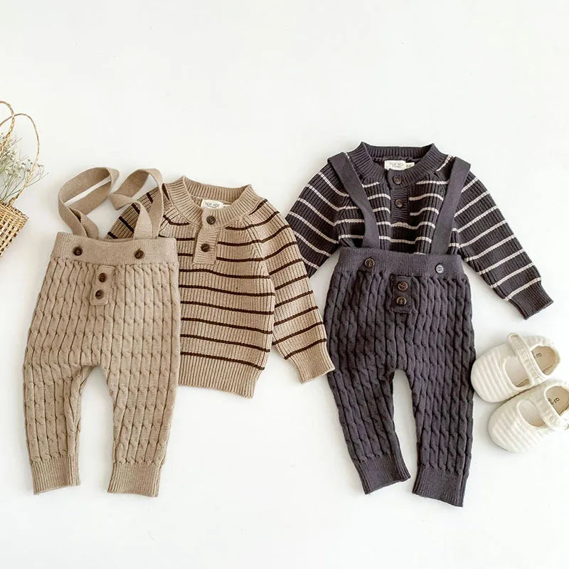 Autumn Spring Newborn Baby Boys Girls Clothing Suit Long Sleeved Striped Sweater+Strap Pants Infant Baby Knitting Clothes Set