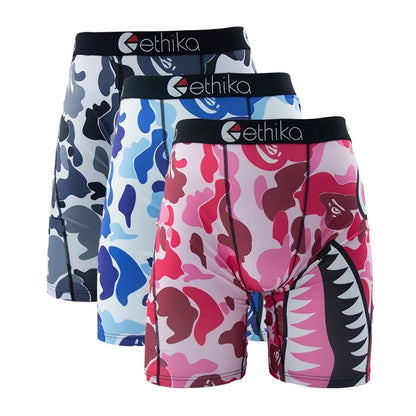 3Pcs ETHIKA Fashion Sexy Men Underwear Boxers Shark Print Man Underpants Sports Panties Lingeries Boxer Briefs Trunks Plus Size