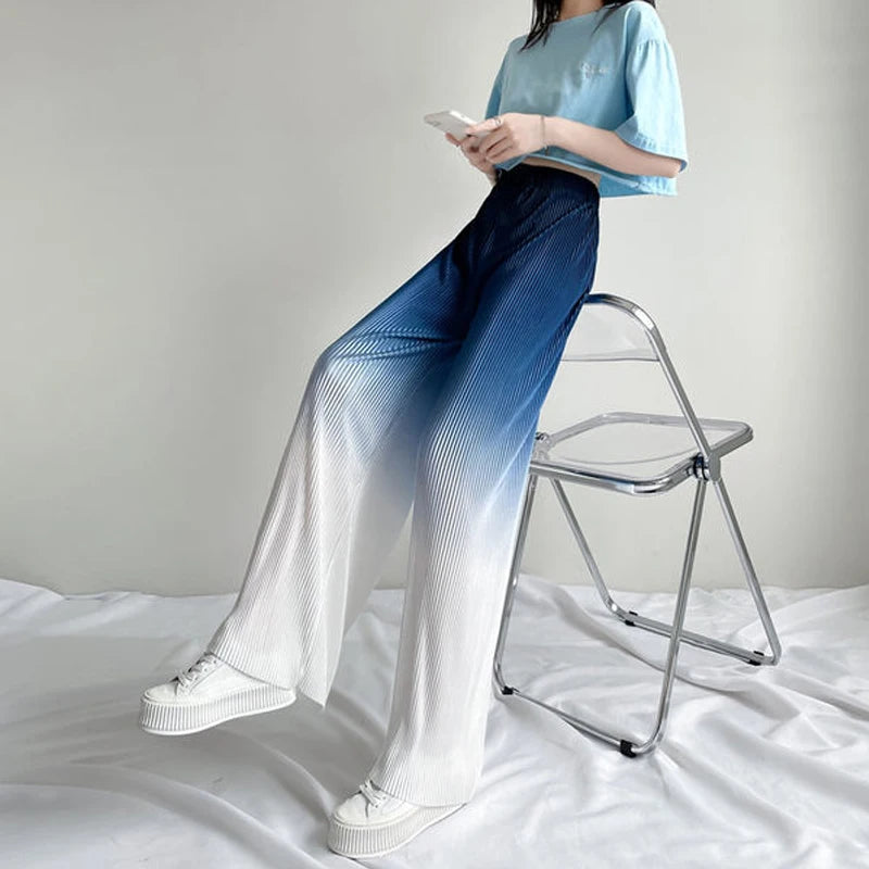 2022 Summer New Gradient Color Ice Silk Wide Leg Pants High Waist Thin Loose Straight Casual Trousers Comfortable Women Clothing