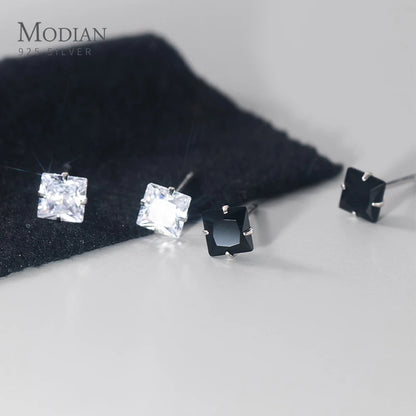 Modian Square CZ Stud Earrings 925 Sterling Silver Platinum Plated Black Cubic Zirconia Hypoallergenic Party Jewelry 3MM 4mm 5mm