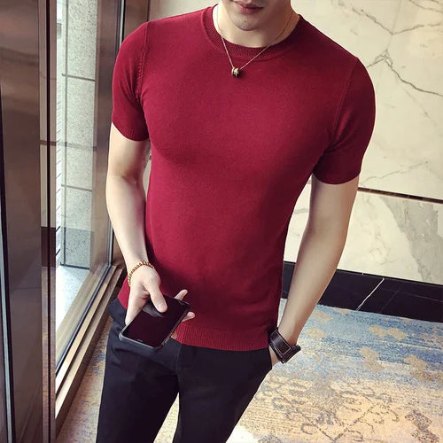 Top Quality Summer Thin Short Sleeved Knitwear T-shirt Men Clothing 2024 Solid Color Slim Fit O-Neck Tee Shirt Streetwear 3XL-M