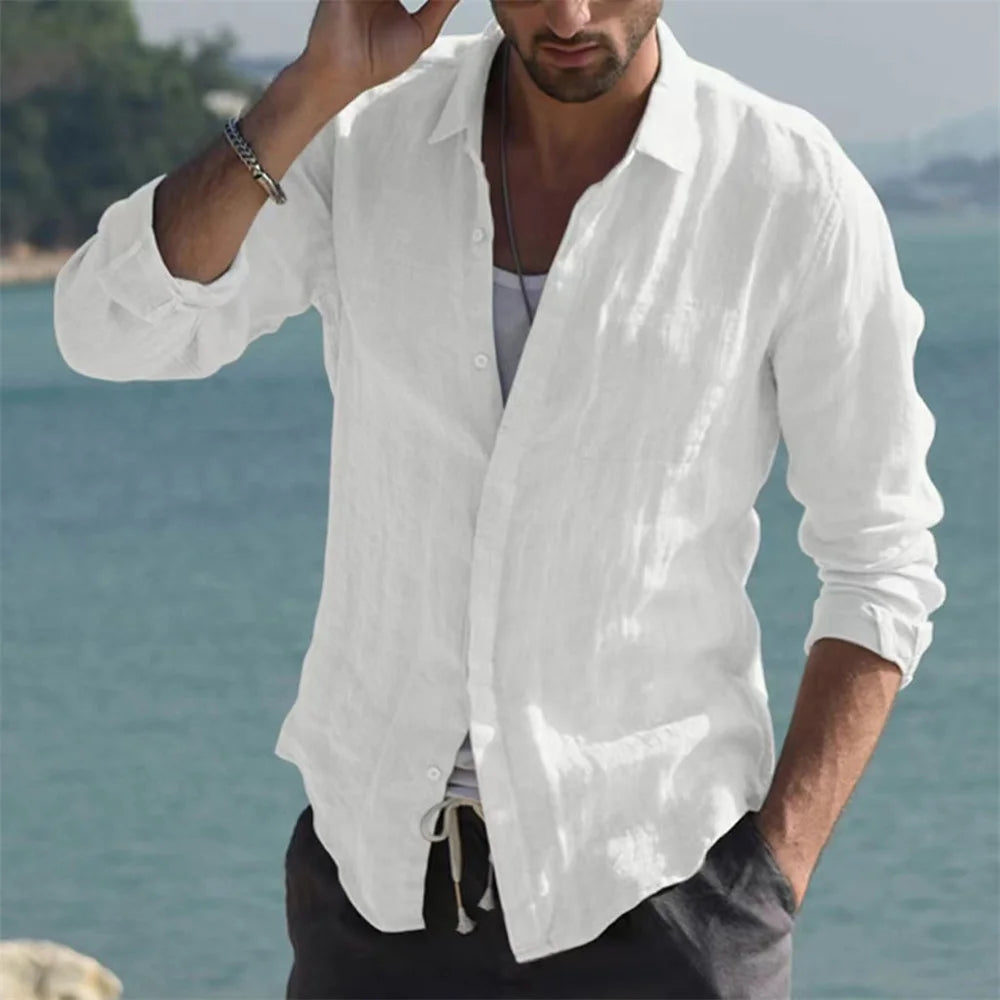 Summer Shirt Beach Cotton Linen Shirts Men Cardigan Tops Long Sleeved Turn Down Collar Slim Fit Large Size