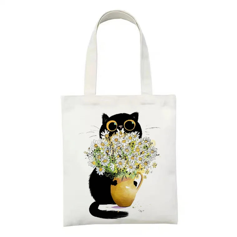 Cute Tote Bag Animals Black Cat Print Canvas Bag Eco Shopping Bag Daily Use Foldable Handbag Large Capacity Canvas Tote Women