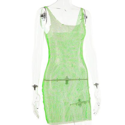 European and American Clothing 2024 Summer New Style Bright Diamond Dress Net Diamond Sexy Suspender Hollow See-through Skirt